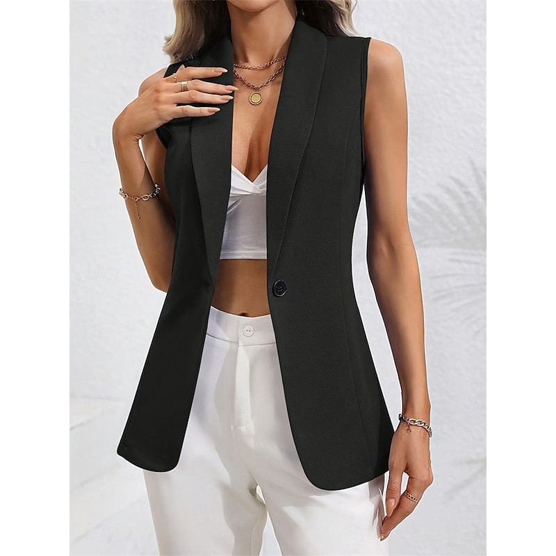 Women's Vest Blazer Comfortable Breathable Pocket OL Style Modern Plain Formal Office Street Casual Single Breasted Regular Turndown Regular Fit Sleeveless Outerwear Black Pink Summer Spring