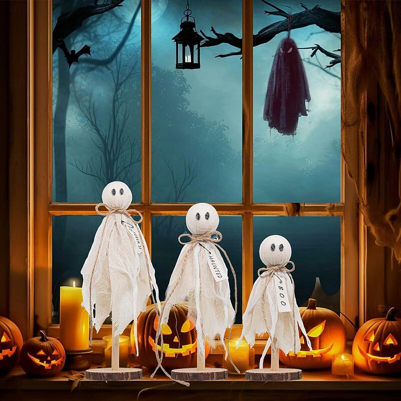 3pcs Halloween Wooden Ghost Decorations Indoor Rustic Shelf Sitters with Fabric Ghost Figures Halloween Table Decor for Tiered Tray, Mantel, Halloween Party Supplies3