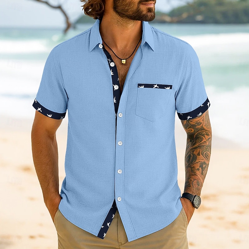 Men's Linen Shirt Summer Shirt Beach Wear Button Up Shirt Striped Vacation Curise White Green Khaki Gray Short Sleeve Lapel Summer Spring & Summer Clothing Apparel Basic4