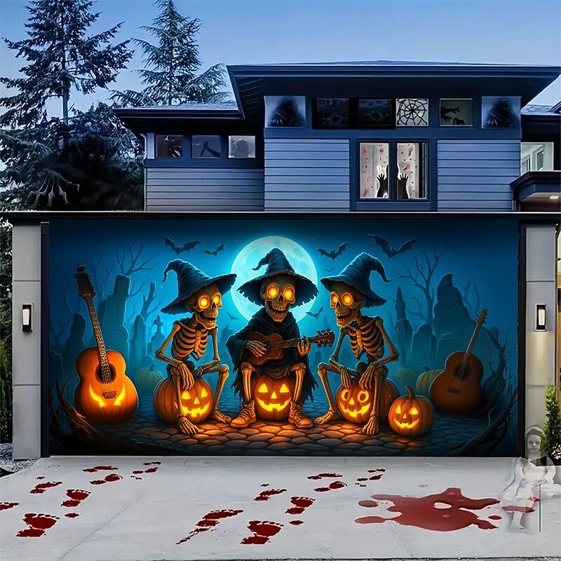 Halloween Garage Door Cover Flying Witch with Pumpkins Banner, Large Tapestry Backdrop Decoration for Holiday Outdoor Garage Door and Home Wall, 2025 Halloween Decorations3