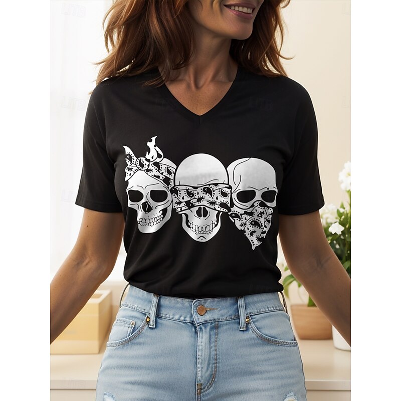 Halloween Women's T Shirt Skulls Graphic Cat Vintage Stylish Classic Short Sleeve V Neck Regular Tops Daily Print Black and White Black White Yellow Pink Summer Spring4