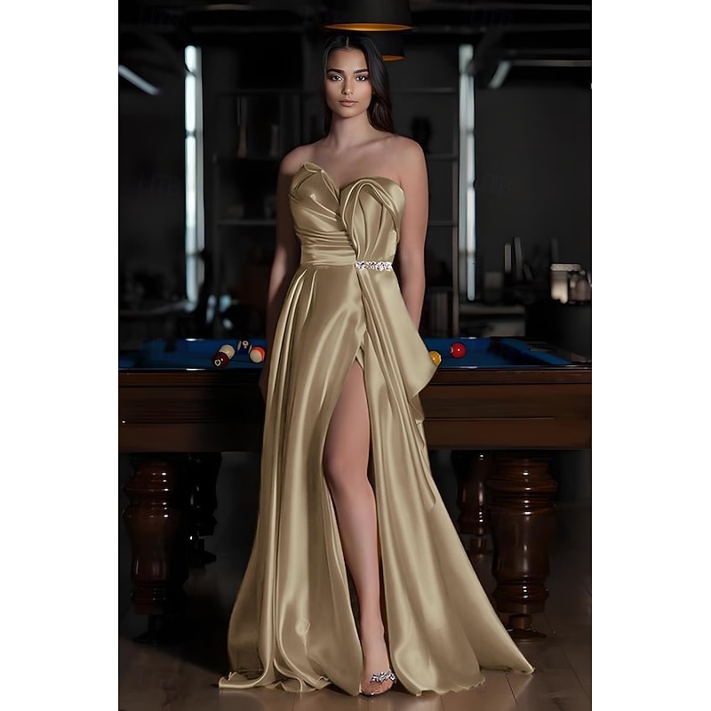 Gold A-Line Evening Gown Elegant Dress Formal Wedding Floor Length Sleeveless Sweetheart Satin with Pleats Slit