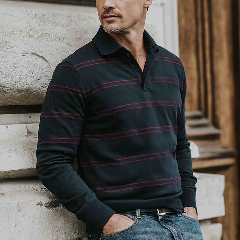 Men's Horizontal Stripes Rugby Polo Long Sleeve Polo Shirts Collared Shirts Sportswear Casual School Outdoor Athleisure 3D Print Spring Fall Winter Dark Brown Red Army Green