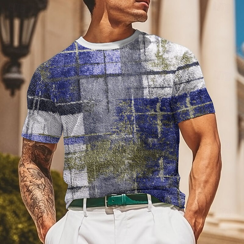 Men's Geometric Line Waffle Shirt Short Sleeve T shirt 3D Print Crew Neck Shirt Fashion Casual Comfortable Street Casual Daily Red Blue Purple Summer Spring All Seasons Clothing Apparel S M L XL XXL2