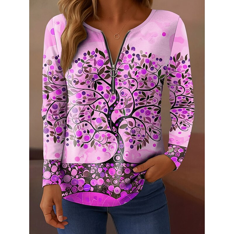 Women's T Shirt Quarter Zip Long Sleeve Casual Floral Graphic Elegant Vintage Stylish V Neck Regular Tops Daily Pink Blue Orange Green Spring Fall4