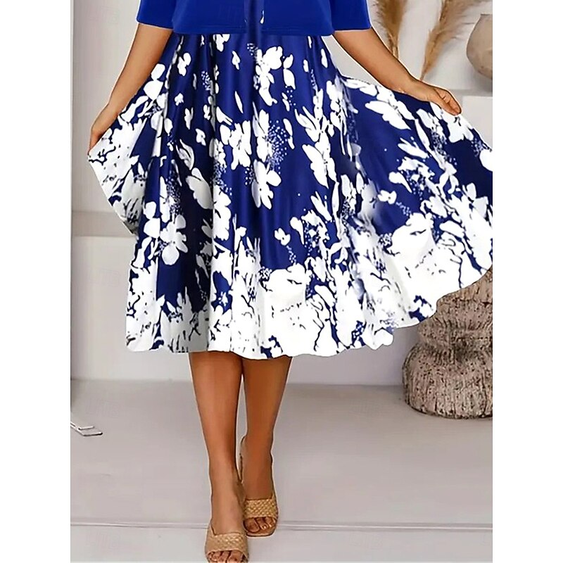 Women's Two Piece Dress Sets Midi Dress with Jacket Elegant A Line Dress Half Sleeve Casual Semi Formal Ombre Floral Print Crew Neck Date Royal Blue Regular Fit3