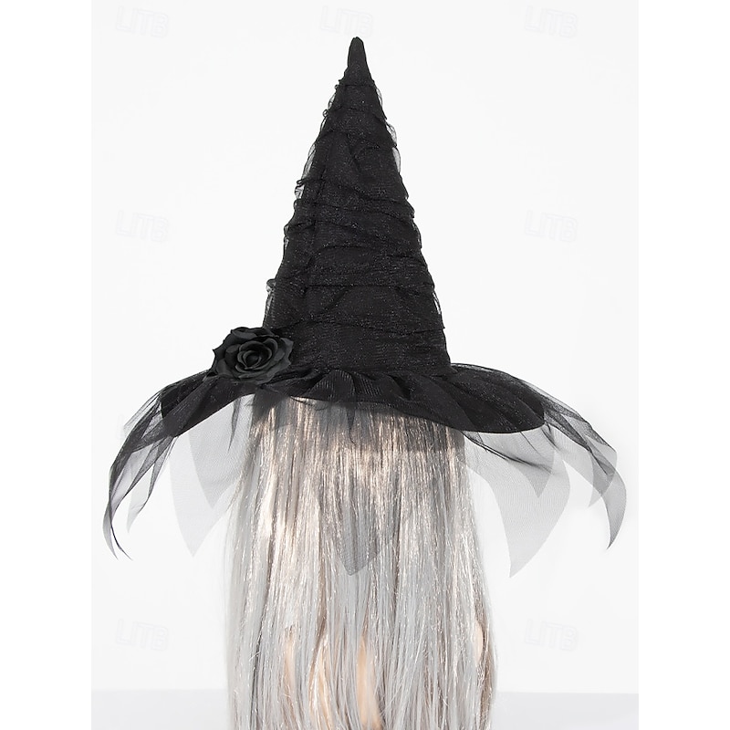 Women's Halloween Witch Hat with Rose and Mesh Veil – Gothic Pointed Hat for Costume Parties, Cosplay & Themed Events4