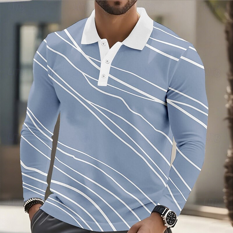 Men's Geometic Line Polo Long Sleeve Polo Shirts Lapel Business Casual Athleisure Daily Wear 3D Print Buttons Spring Fall Winter Blue Green Light Blue3