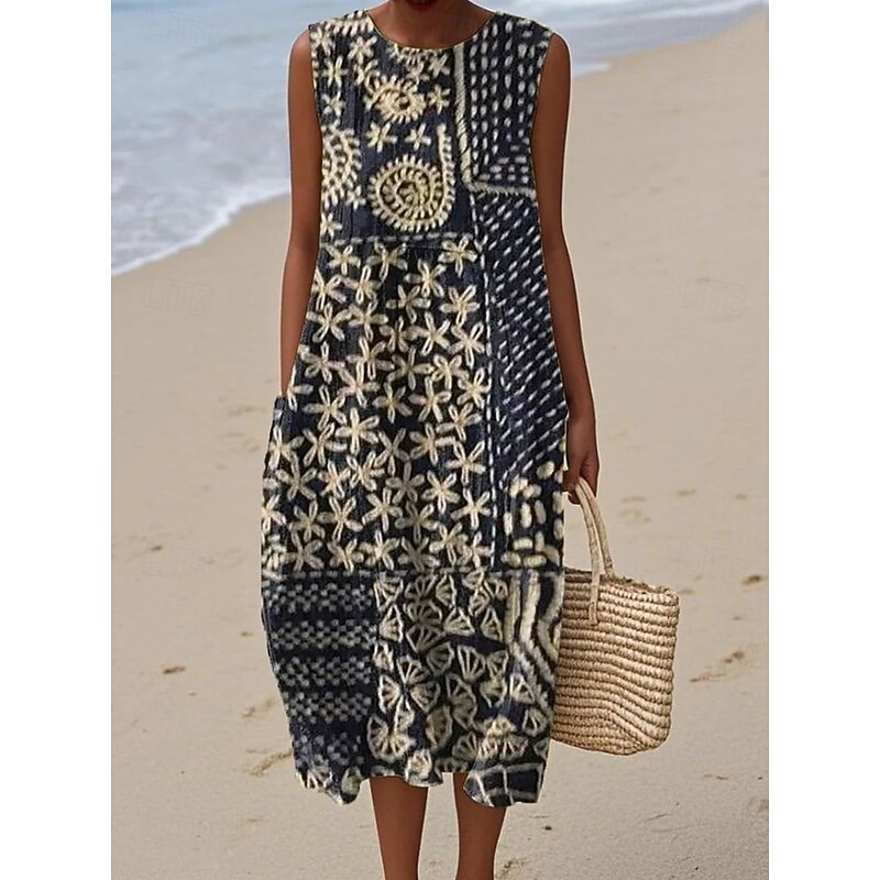 Women's Midi Dress Sundress Shift Dress A Line Dress Vacation Casual Boho Going out Beach Loose Fit Floral Graphic Sleeveless Crewneck Pink Purple Green off-white Summer Spring