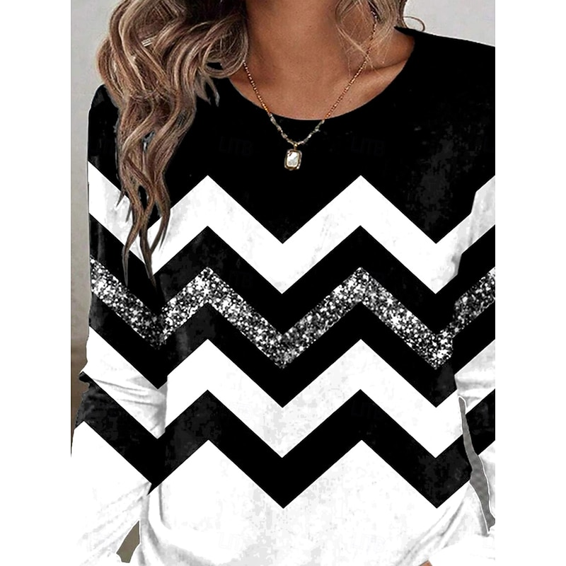 Women's T shirt Crew Neck Long Sleeve Tunic Graphic Geometric Striped Vintage Stylish  Round Neck Regular Tops Daily Print Black and White Fall2