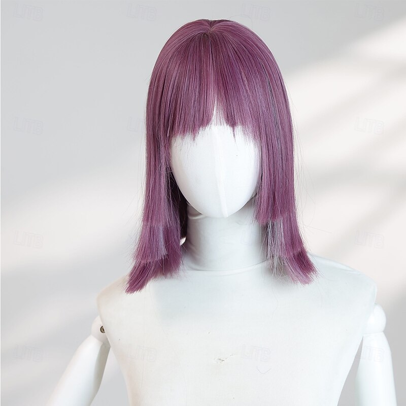 Women's 12″ Purple Straight Halloween Wig – Synthetic Hair with Bangs, Ideal for Spooky Cosplay & Everyday Fashion2