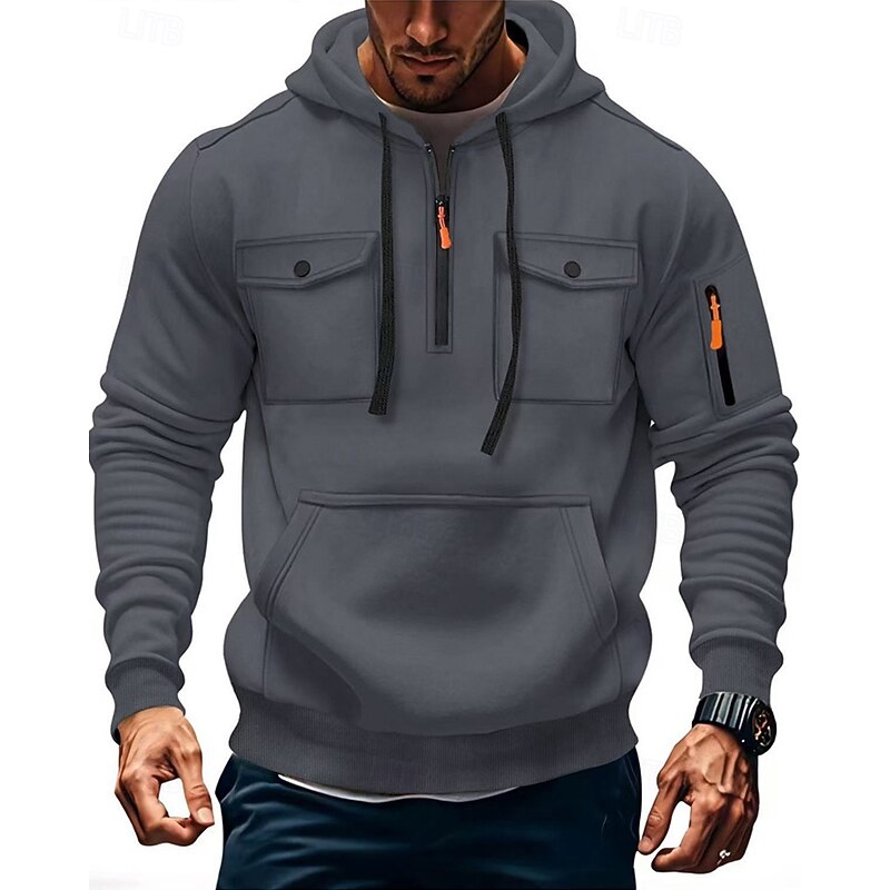 Men's Hoodie Quarter Zip Hoodie Black Army Green Navy Blue Khaki Light Grey Hooded Plain Pocket Drawstring Sports & Outdoor Daily Holiday Polyester Streetwear Basic Casual Spring Fall Clothing Apparel3