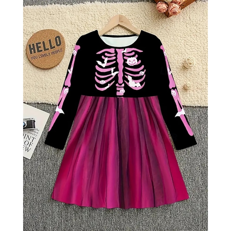 Halloween Girls' 3D Skull Dress Long Sleeve Summer Spring Vacation Daily Holiday Princess Beautiful Sweet Kids 4-12 Years Casual Dress A Line Dress Knee-length Regular Fit2