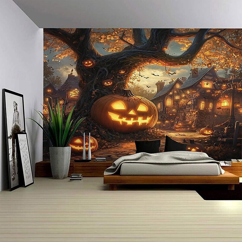 Halloween Wall Tapestry, Ghost Pumpkin Lantern Haunted House Pattern Wall Hanging, Large Mural Backdrop for Bedroom, Living Room, Party, and Home Decoration2