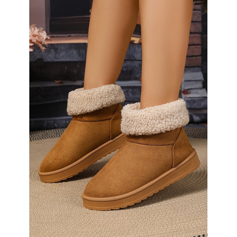Women's Faux Suede Ankle Snow Boots – Warm Fur Lined Winter Booties with Fold-Over Cuff, Cozy and Non-Slip Outdoor Footwear