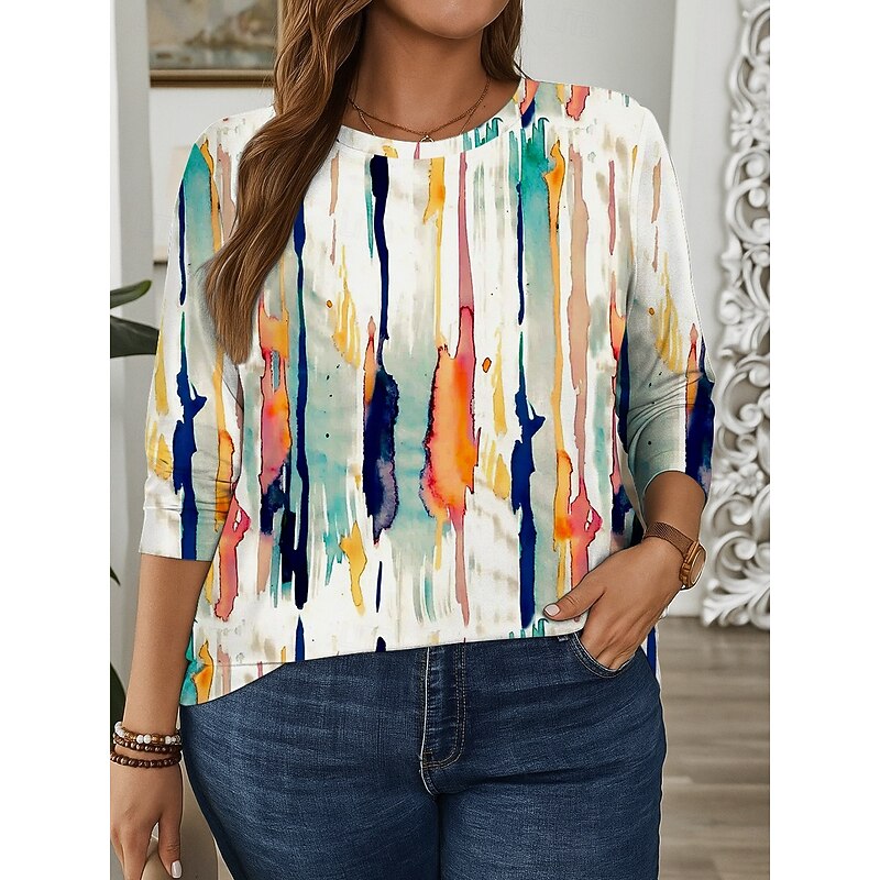 Women's Plus Size Tops T Shirt Graphic Geometry Print Long Sleeve Crew Neck Casual Daily Polyester Fall Winter White Blue