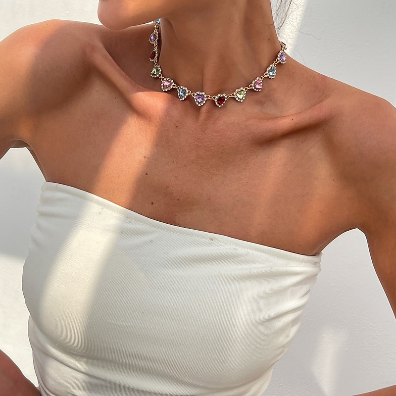 Women's Colorful Heart Crystal Choker Necklace - Cute Y2K Style Jewelry for Girls and Party Outfits2