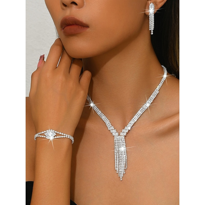 Women's Sparkling Rhinestone Jewelry Set - Elegant Silver Necklace, Bracelet, Earrings and Ring, Luxurious Statement Accessories for Evening Dance and Cocktail Parties