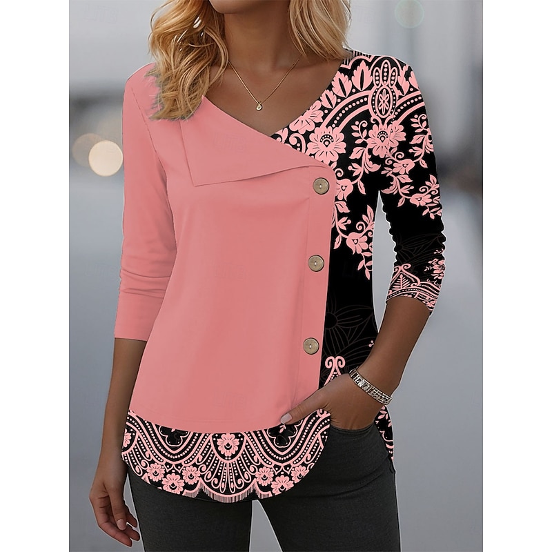 Women's Blouse Tunic V Neck Long Sleeve Buttons Graphic Tribal Elegant Fashion Casual Crew Neck Regular Tops Daily Patchwork Print Black Pink Blue Purple Green Spring Fall Winter Prefall2