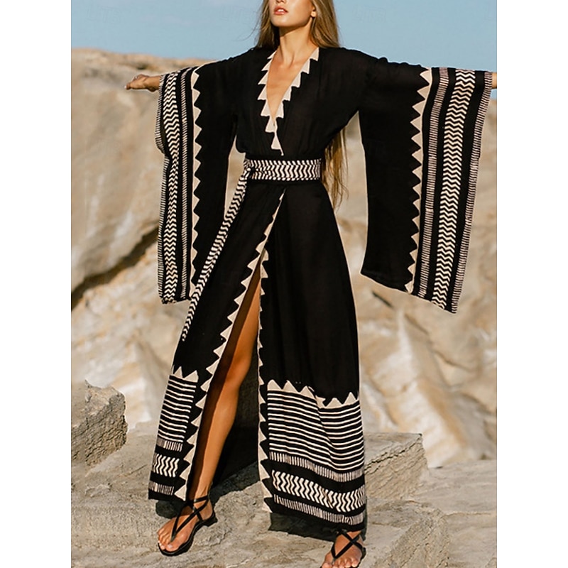 Women's Long Dress Maxi Dress Boho Dress Casual Dress Swing Dress Summer Dress Vintage Vacation Daily Beach Regular Fit Geometric 3/4 Length Sleeve V Neck Black Summer Spring Fall3