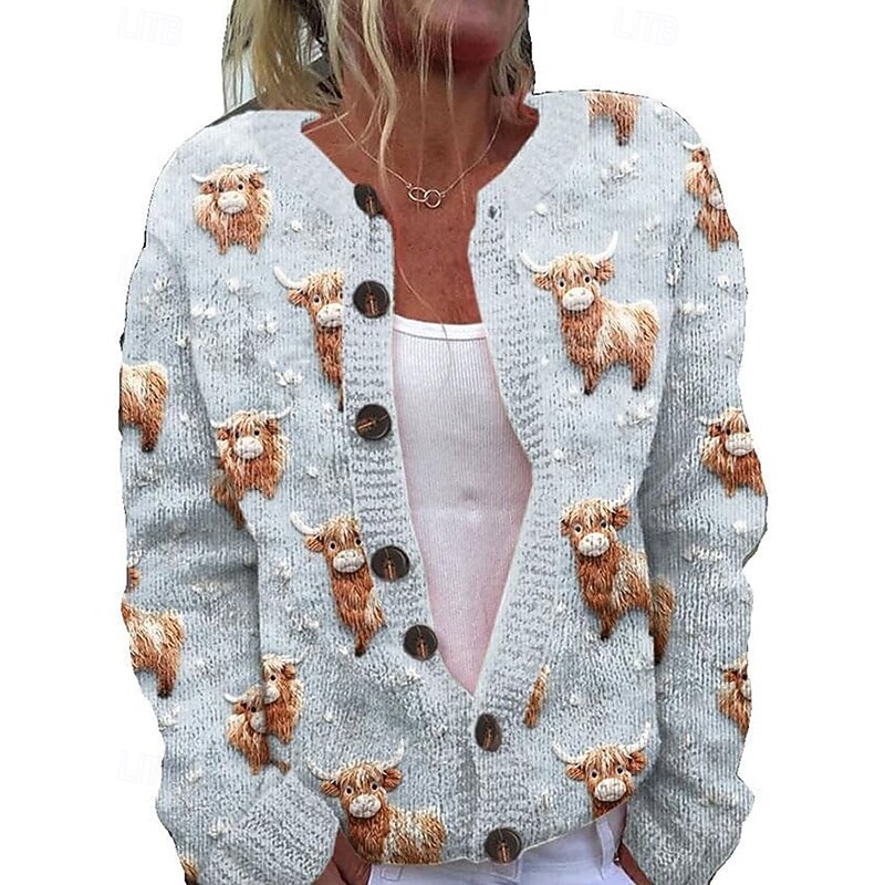 Women's Sweater Cardigan Fashion Streetwear Daily Animal Ribbed Open Front Knitted Print Long Sleeve Crop Tops Knit Holiday Going out Weekend Yellow Pink Fall Winter3