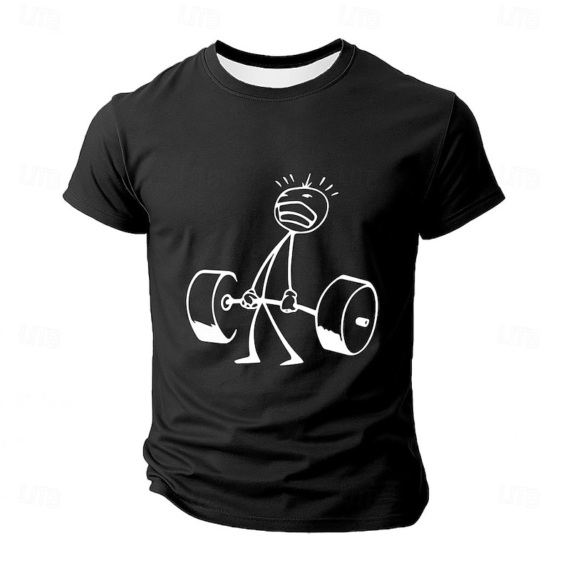 Men's Funny Weightlifting Stick Figure Graphic T-Shirt, Short Sleeve Gym Workout Shirt for Fitness
