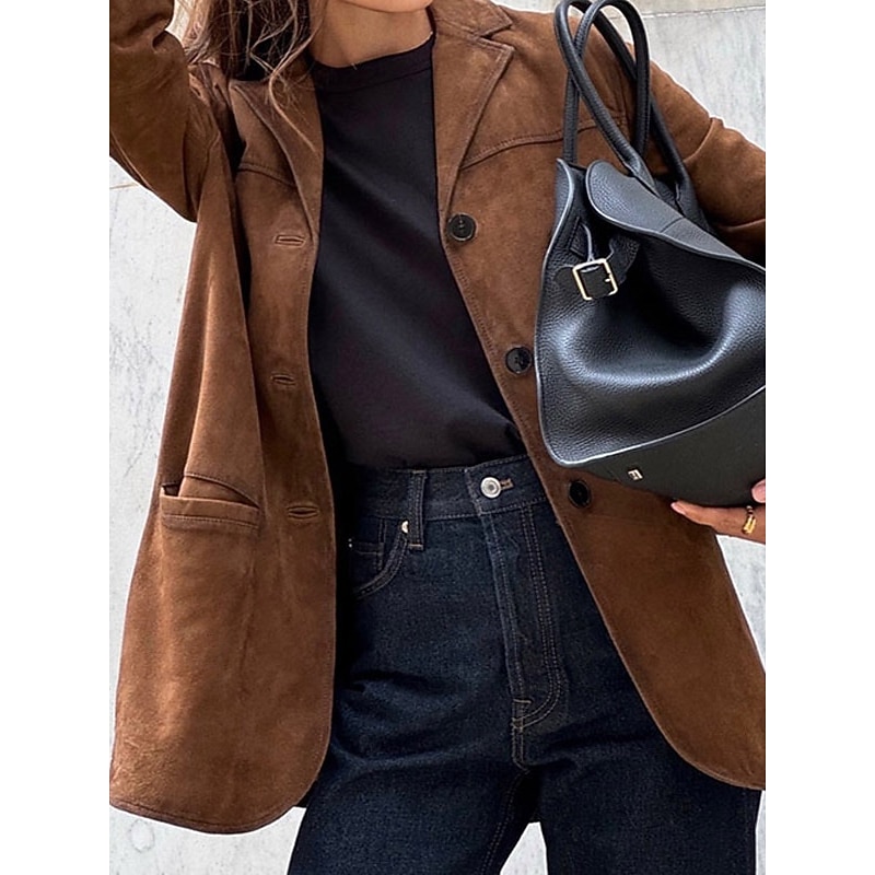 Women's Blazer Comfortable Buttons Fashion Plain Work Daily Regular Turndown Regular Fit Long Sleeve Outerwear Brown Spring Fall2