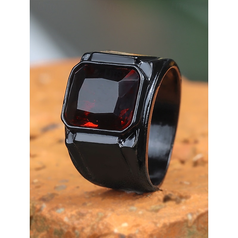 Men's Black Alloy Ring with Square Black Gemstone – Fashionable Statement Ring for Casual and Evening Wear