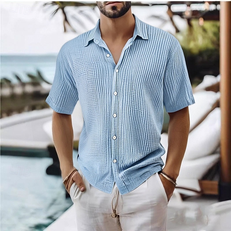 Men's Shirt Waffle Shirt Summer Shirt Casual Shirt Beach Shirt Button Up Shirt Black White Light Green Pink Royal Blue Short Sleeve Plain Lapel Vacation Hawaiian Clothing Apparel Polyester Fashion2
