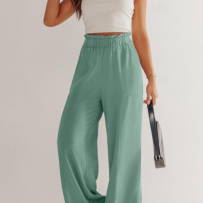 Women's Wide Leg Slacks Streetwear Casual Full Length Natural Plain Elastic Waist Comfortable Street Holiday Daily Wear Army Green Blue Brown Green Fall Regular Fit4