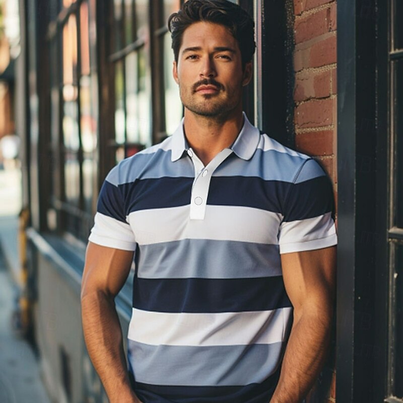 Men's Striped Rugby Polo Short Sleeve Polo Shirts Collared Shirts Casual School Outdoor Athleisure Daily Wear 3D Print Summer Blue