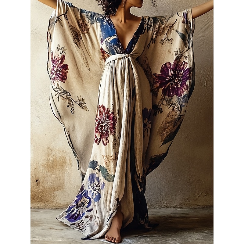 Women's Long Dress Maxi Dress Boho Dress Casual Dress Swing Dress Summer Dress Vintage Vacation Daily Beach Regular Fit Floral 3/4 Length Sleeve V Neck Khaki Summer Spring Fall