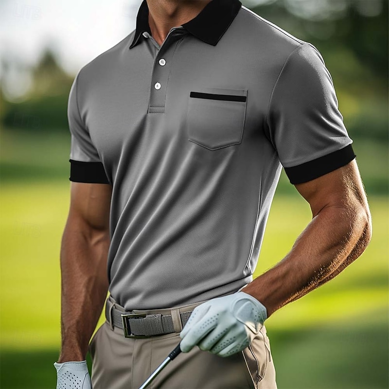 Men's Golf Shirt Pique Polo Shirt Work Casual Lapel Ribbed Polo Collar Short Sleeve Basic Modern Color Block Pocket Summer Spring Regular Fit Grey Black White Dark Blue Light Blue Burgundy Golf Shirt2
