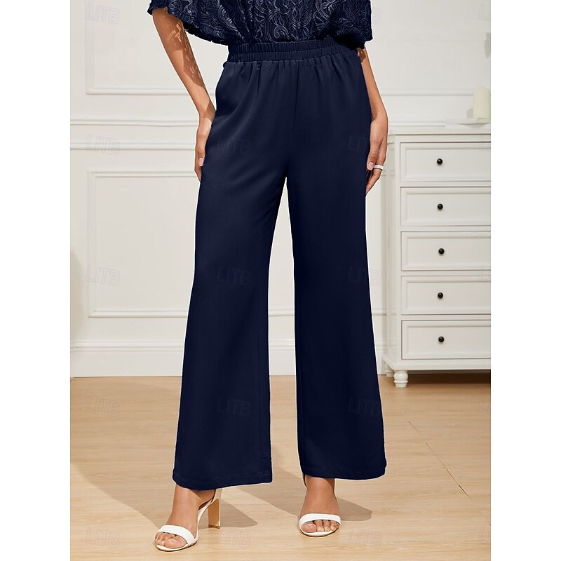 Women's Wide Leg Chinos Basic Full Length High Waist Plain Pocket Elastic Waistband Comfy Soft Comfortable Micro-elastic Formal Wedding Navy Blue Summer Spring Regular Fit3