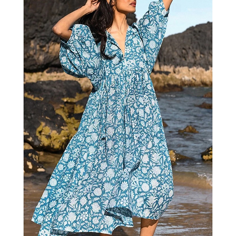 Women's Midi Dress Casual Dress Print Dress Fashion Modern Daily Beach Weekend Regular Fit Floral Half Sleeve V Neck Orange Green Dark Blue Light Blue Spring Fall