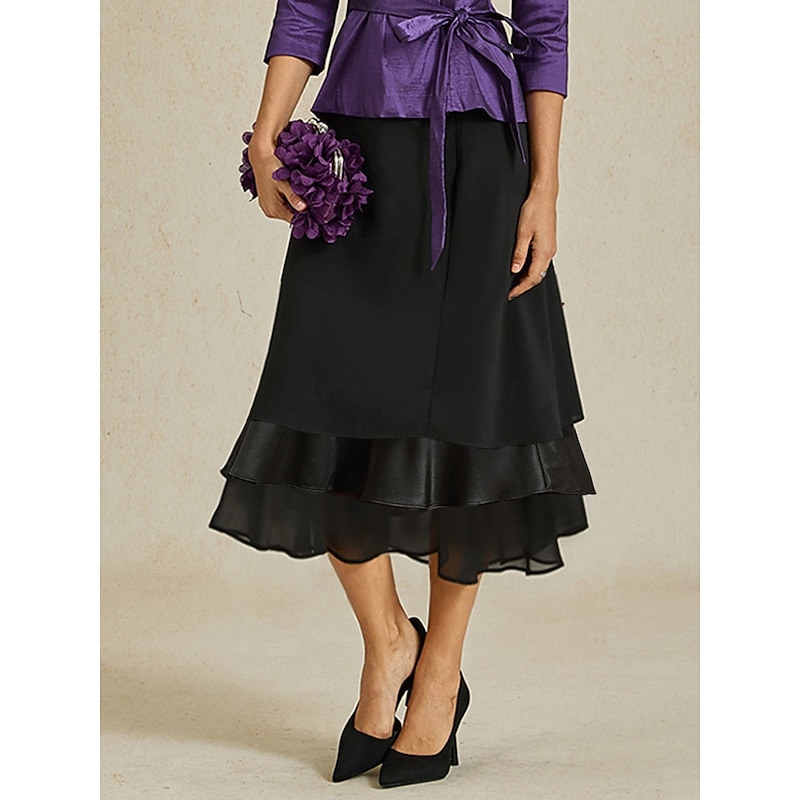 Women's A Line Elegant Fashion Midi Mid Waist Skirts Ruffle Layered Inelastic Valentine's Day New Year Black Spring Chiffon4