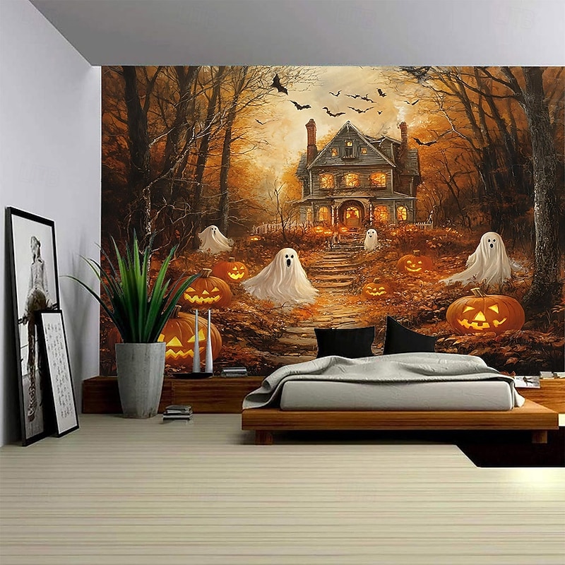 Halloween Wall Tapestry, Ghost Pumpkin Lantern Haunted House Pattern Wall Hanging, Large Mural Backdrop for Bedroom, Living Room, Party, and Home Decoration
