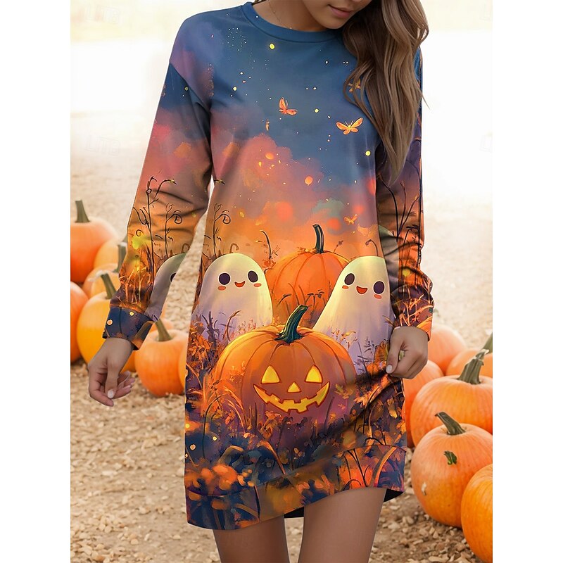 Halloween Women's Ghost Print Mini Dress Shift Dress Casual Daily Regular Fit Graphic Long Sleeve Crew Neck Black Blue Orange Green Spring Fall Winter4