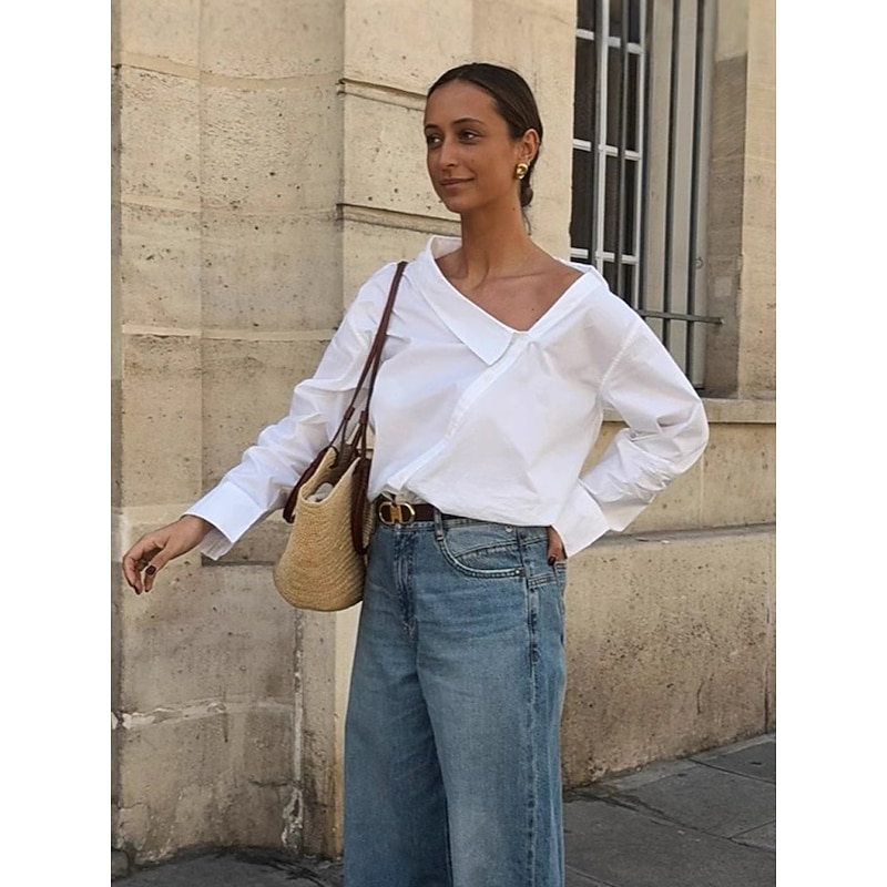 Women's 100% Cotton Shirt Plain Elegant Vintage Daily Long Sleeve Asymmetrical Regular Tops Work Daily Holiday Asymmetric White Spring Fall