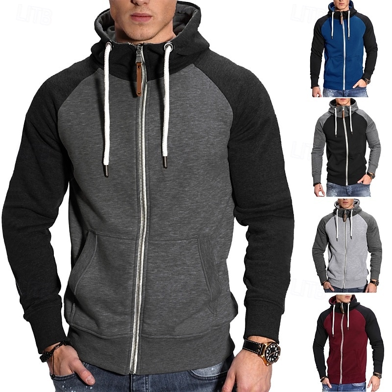 Men's Hoodie Full Zip Hoodie Fleece Hoodie Black Burgundy Royal Blue Light Grey Dark Gray Hooded Plain Patchwork Color Block Sports & Outdoor Casual Daily Streetwear Cool Designer Spring &  Fall