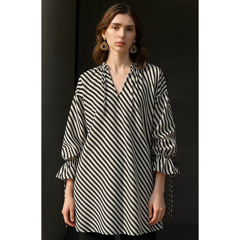Women's 100% Cotton Shirt Striped Elegant Bohemia Vintage Long Sleeve Lantern Sleeve V Neck Long Tops Work Daily Holiday Stripe Summer Spring Fall2