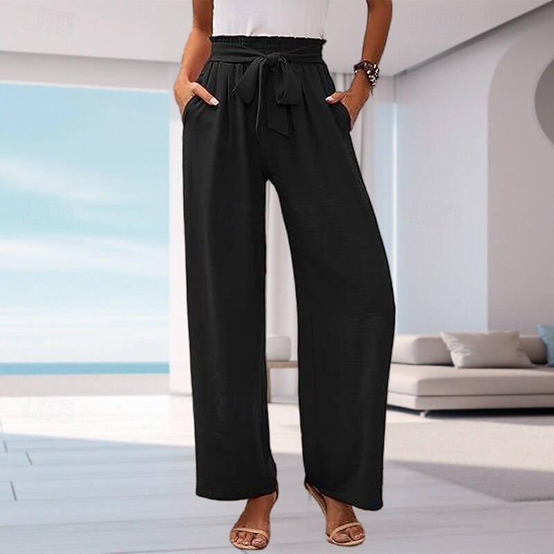 Women's Wide Leg Slacks Streetwear Casual Full Length Natural Plain Pocket Elastic Waist Comfortable Outdoor Vacation Going out Grey Black White Sky Blue Fall Regular Fit2