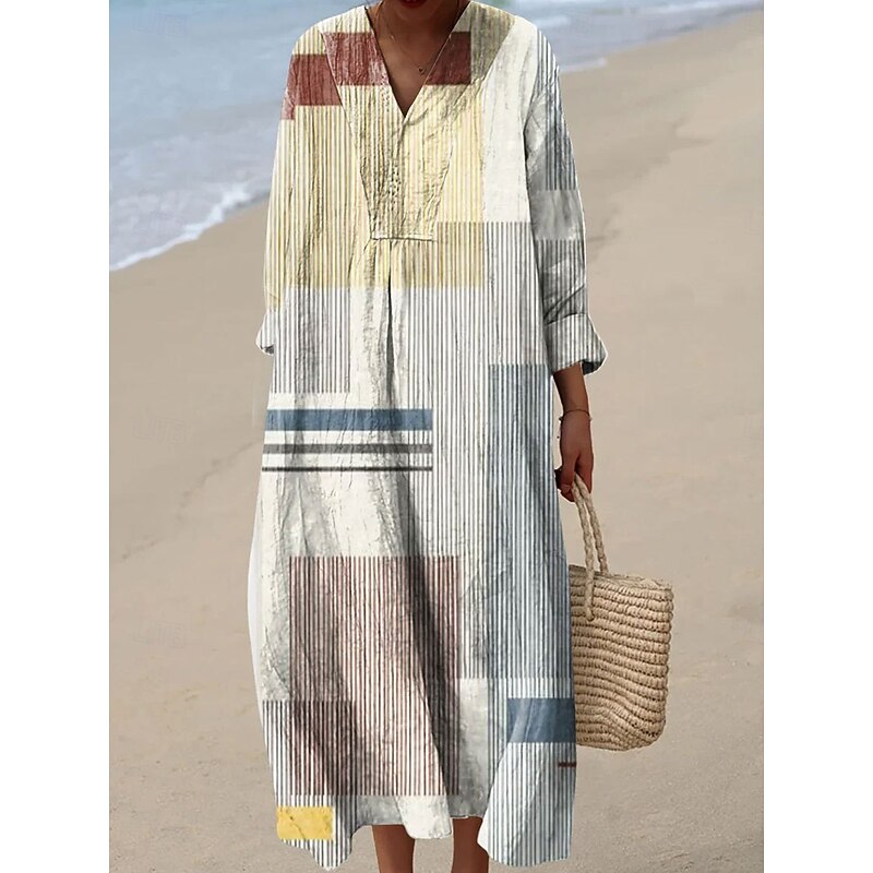 Women's Midi Dress V Neck Long Sleeve Kaftan Lightweight Loose Fit A Line Dress Casual Boho Party Loose Fit Graphic Geometric Long Sleeve V Neck White Blue Orange Brown Fall2