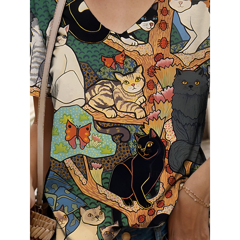Women's T Shirt Graphic Animal Cat Vintage Stylish Classic Short Sleeve V Neck Regular Tops Daily Print Yellow Pink Blue Purple Orange Summer Spring3