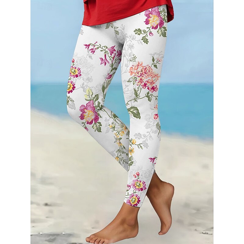 Women's Leggings Vacation Vintage Fashion Ankle-Length High Waist Floral Graphic Printing Soft Breathable Stretchy Outdoor Daily Red Green Amethyst Spring Fall Winter Slim Fit