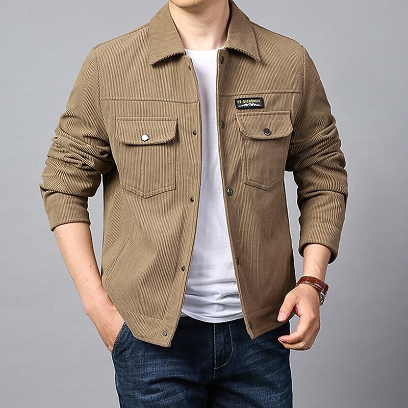 Men's Lightweight Jacket Corduroy Jacket Cargo Jacket Casual Jacket Vacation Daily Warm Pocket Spring Fall Plain Fashion Classic Lapel Regular Black Green Khaki Jacket2