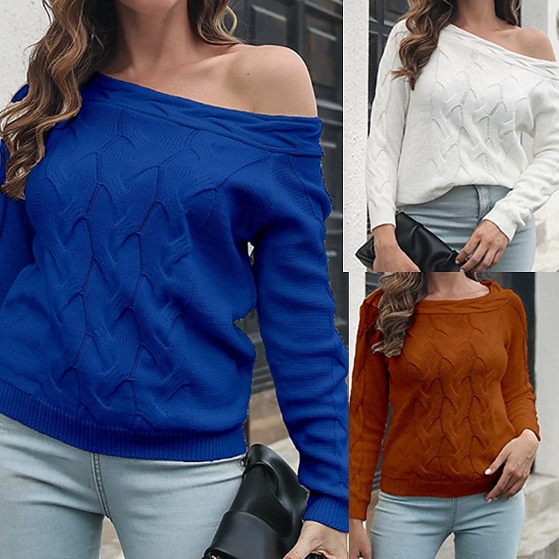 Women's Pullover Casual Solid Color Chunky Crew Neck Knitted Cold Shoulder Long Sleeve Regular Tops Knit Daily Holiday Going out Red Brown White Fall Winter