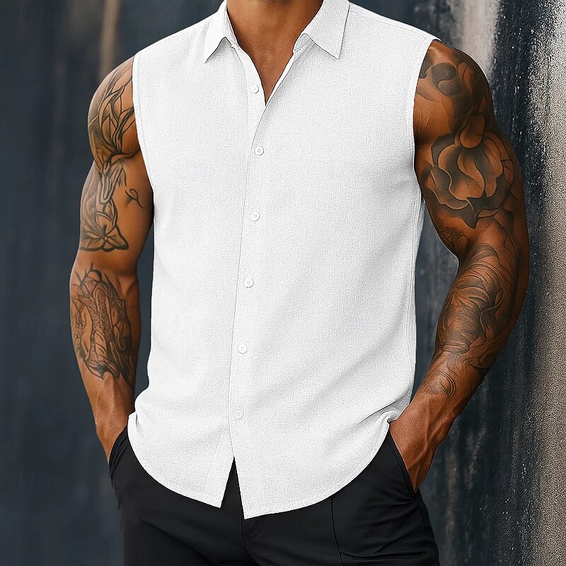 Men's Shirt Linen Shirt Summer Shirt Beach Wear Button Up Shirt Plain Daily Streetwear White Pink Blue Sleeveless Turndown Summer Spring Clothing Apparel3