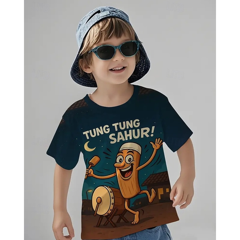 Boys' 3D Graphic Playful Drumming Character & TUNG TUNG SAHUR Print T shirt Tee Short Sleeve Summer Spring Fashion Basic Kids 4-12 Years Crew Neck Outdoor Casual Daily Regular Fit4