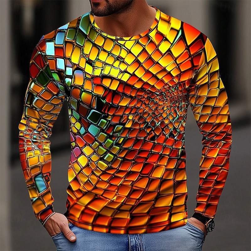 Men's Geometric Abstract 3D T Shirt Long Sleeve T shirt 3D Print Crew Neck Shirt Fashion Exaggerated Street Casual Daily Colorful Orange Summer Spring Fall Clothing Apparel S M L XL XXL XXXL
